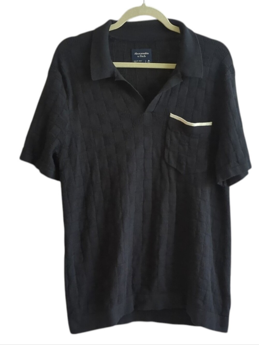 Abercrombie & Fitch Black V-Neck Short Sleeve Checkered Knit Sweater Size M